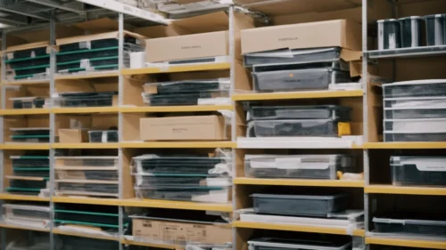 boxes neatly organized on shelves in a spacious, clean storage unit.