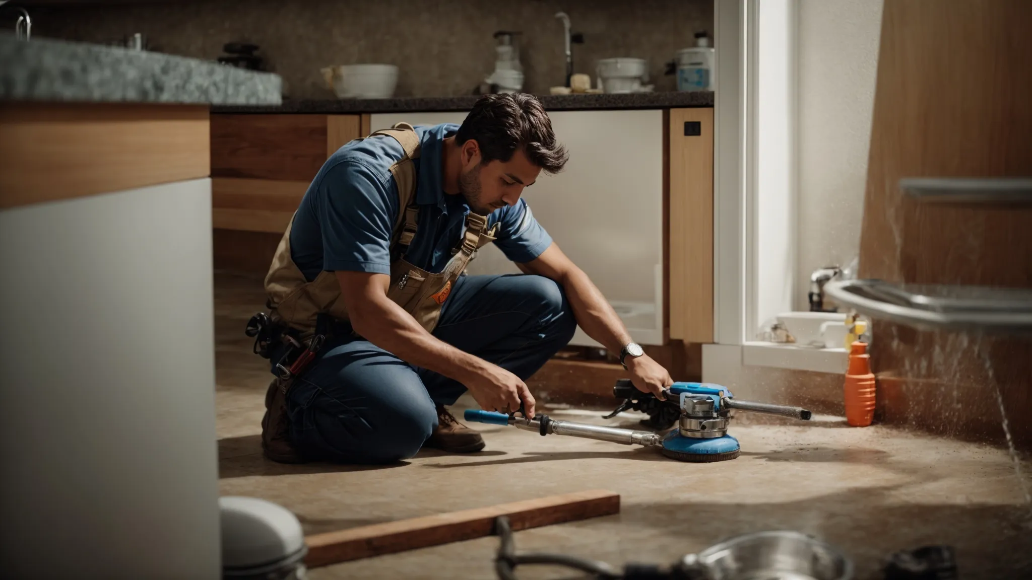 a professional plumber uses tools to fix a burst pipe under a kitchen sink.