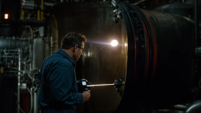 a technician using a flashlight to inspect the interior of a large industrial boiler.