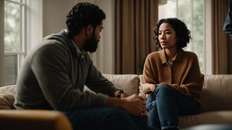 a couple sits closely on a couch, engaging in a deep conversation with a therapist guiding them from a nearby chair.