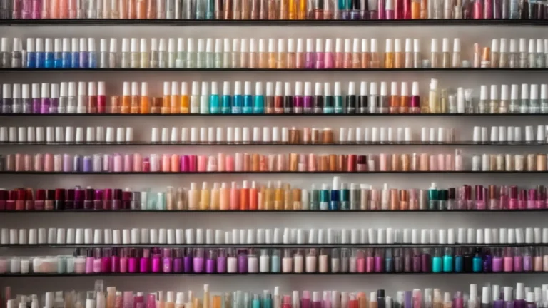 rows of colorful nail polish bottles displayed on a wall shelf in a bright, modern nail salon.